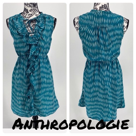 Anthropologie Lil silk ruffle dress turquoise white Bow tie neckline button Sz 2